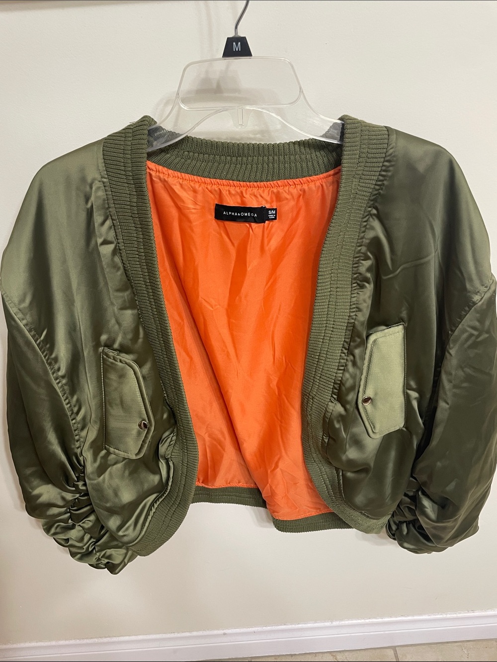 Olive Green Bomber Jacket with Orange Lining - Women's